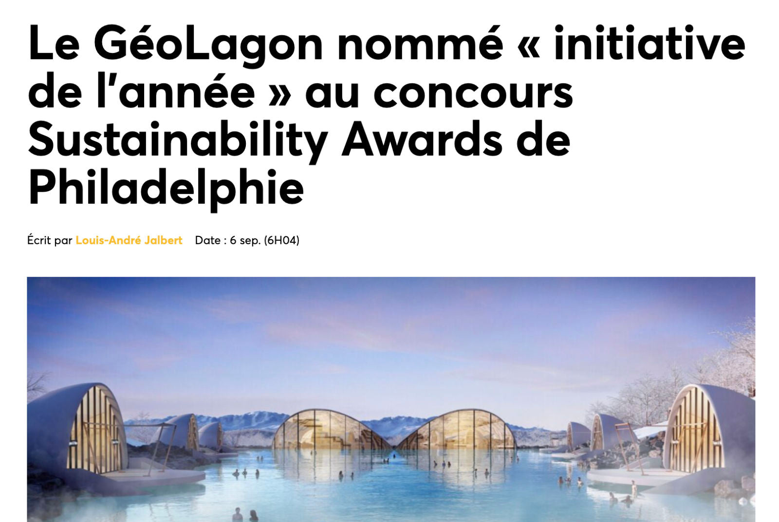 Le GéoLagon nommé « initiative de l’année » au concours Sustainability Awards de Philadelphie