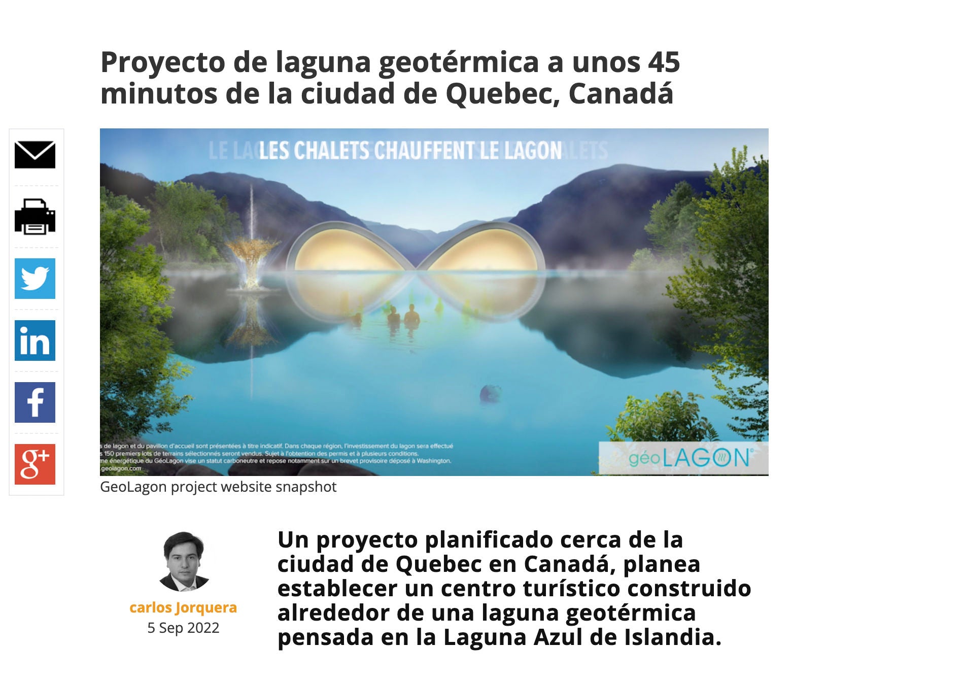 [ES] Proyecto de laguna geotérmica a unos 45 minutos de la ciudad de Quebec, Canadá